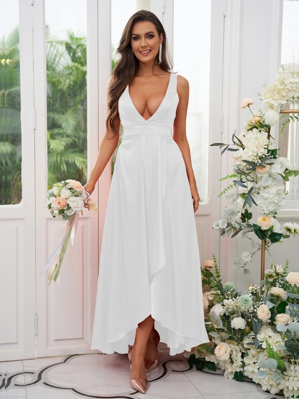 A-Line/Princess Silk like Satin Ruffles V-neck Sleeveless Ankle-Length Bridesmaid Dresses 2489