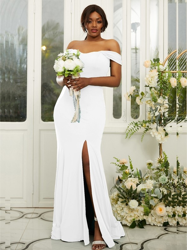 Sheath/Column Jersey Ruffles Off-the-Shoulder Sleeveless Sweep/Brush Train Bridesmaid Dresses 2969