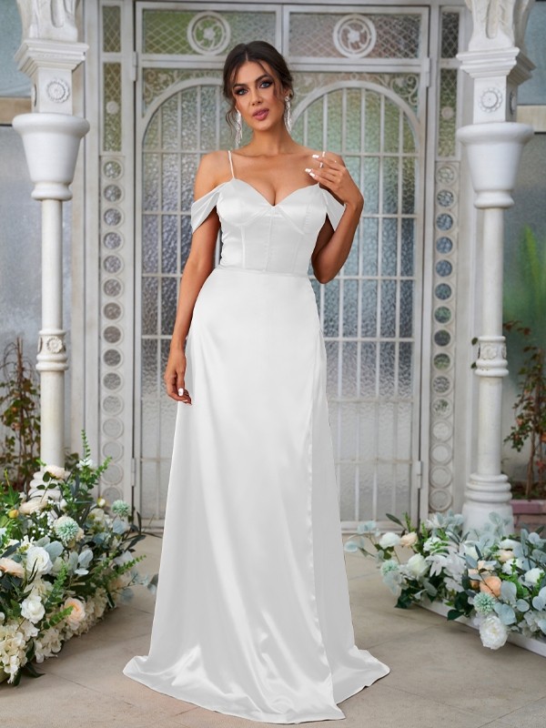 A-Line/Princess Silk like Satin Ruched Sweetheart Sleeveless Sweep/Brush Train Bridesmaid Dresses 2473