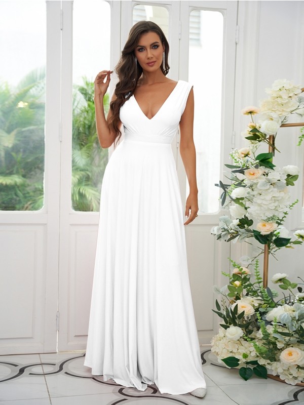 A-Line/Princess Jersey Ruffles V-neck Sleeveless Floor-Length Bridesmaid Dresses 2330