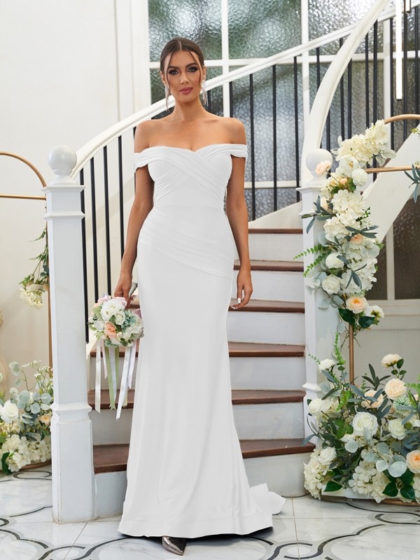 Sheath/Column Jersey Ruched Off-the-Shoulder Sleeveless Sweep/Brush Train Bridesmaid Dresses 2959