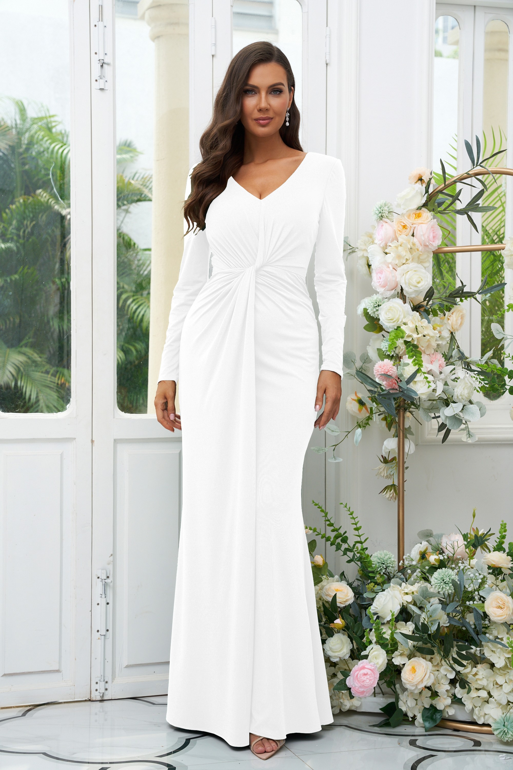 Sheath/Column Jersey Ruched V-neck Long Sleeves Floor-Length Bridesmaid Dresses 2966