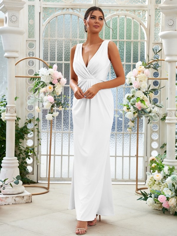 Sheath/Column Jersey Ruched V-neck Sleeveless Floor-Length Bridesmaid Dresses 2967