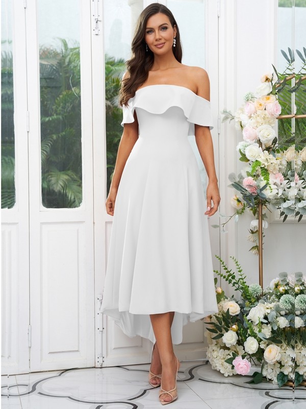 A-Line/Princess Stretch Crepe Ruffles Off-the-Shoulder Sleeveless Asymmetrical Bridesmaid Dresses 2662