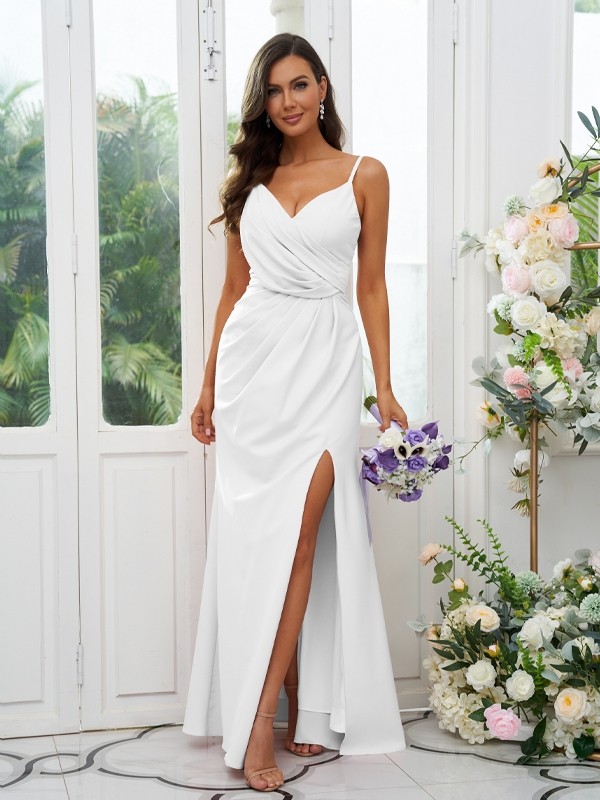 A-Line/Princess Stretch Crepe Ruched V-neck Sleeveless Floor-Length Bridesmaid Dresses 2660