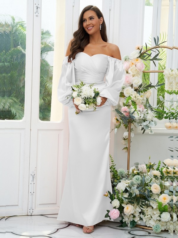 Sheath/Column Silk like Satin Ruched Off-the-Shoulder Long Sleeves Floor-Length Bridesmaid Dresses 3054