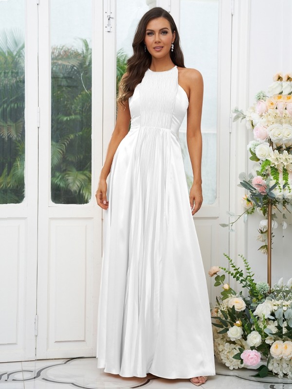 A-Line/Princess Silk like Satin Ruffles Halter Sleeveless Floor-Length Bridesmaid Dresses 2480