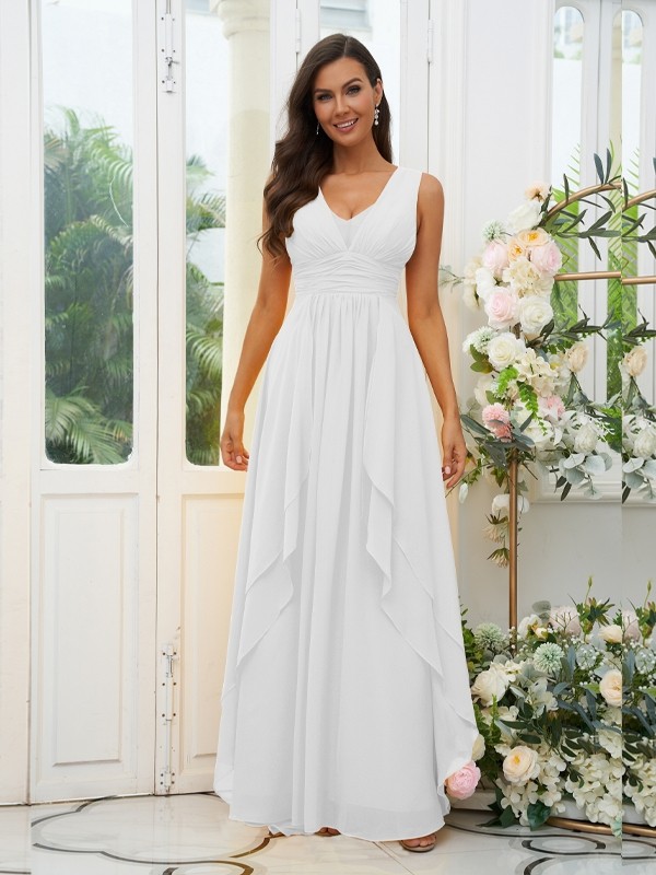 A-Line/Princess Chiffon Ruffles V-neck Sleeveless Floor-Length Bridesmaid Dresses 2240