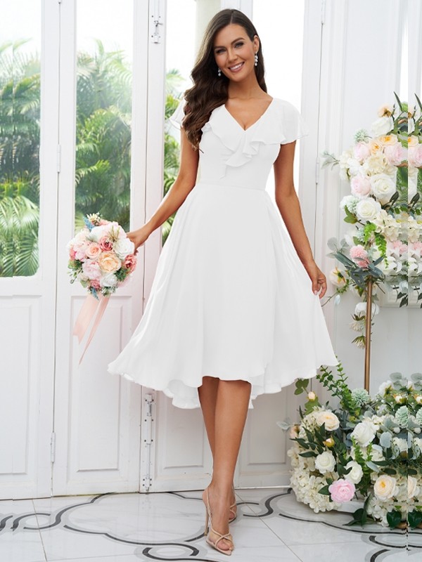 A-Line/Princess Chiffon Ruffles V-neck Short Sleeves Asymmetrical Bridesmaid Dresses 2221