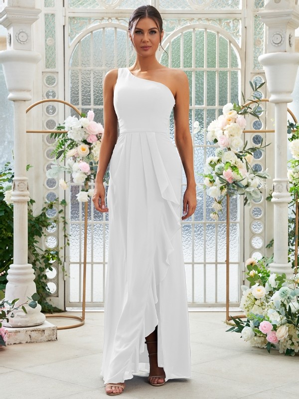 Sheath/Column Chiffon Ruffles One-Shoulder Sleeveless Floor-Length Bridesmaid Dresses 2914