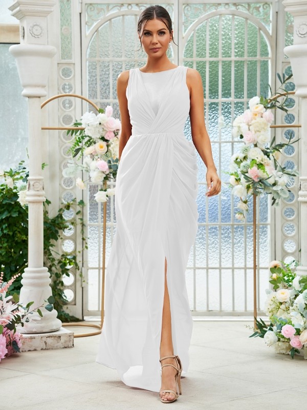 Sheath/Column Chiffon Ruched Scoop Sleeveless Floor-Length Bridesmaid Dresses 2904