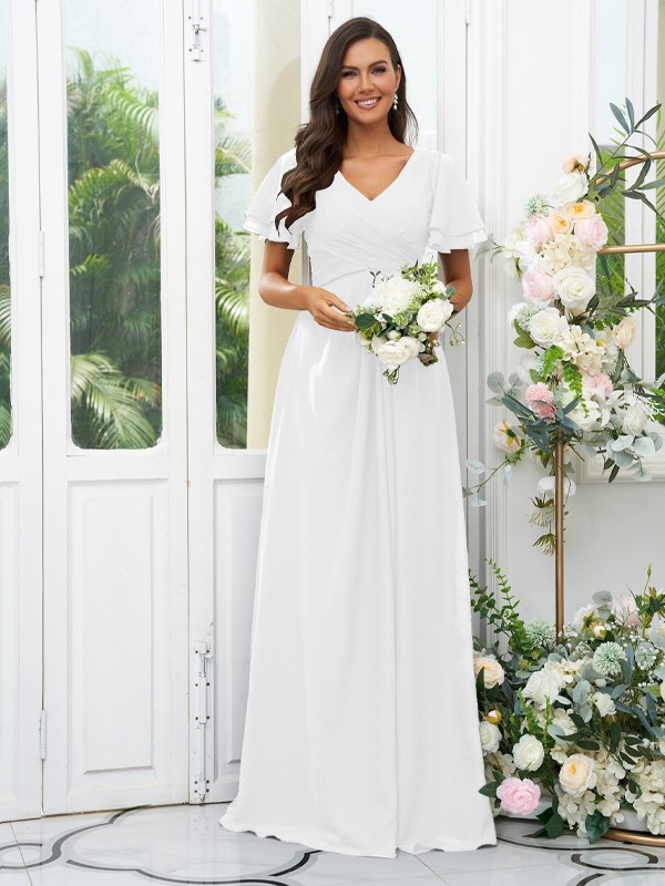 A-Line/Princess Chiffon Ruffles V-neck Short Sleeves Floor-Length Bridesmaid Dresses 2225