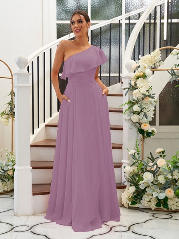 A-Line/Princess Chiffon Ruffles One-Shoulder Sleeveless Floor-Length Bridesmaid Dresses 2205