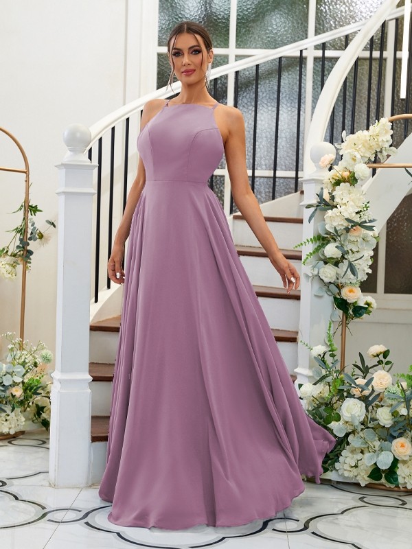 A-Line/Princess Chiffon Ruffles Halter Sleeveless Floor-Length Bridesmaid Dresses 2195