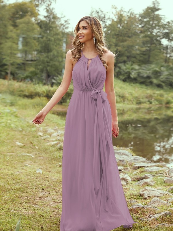 A-Line/Princess Chiffon Ruffles Halter Sleeveless Sweep/Brush Train Bridesmaid Dresses 2196