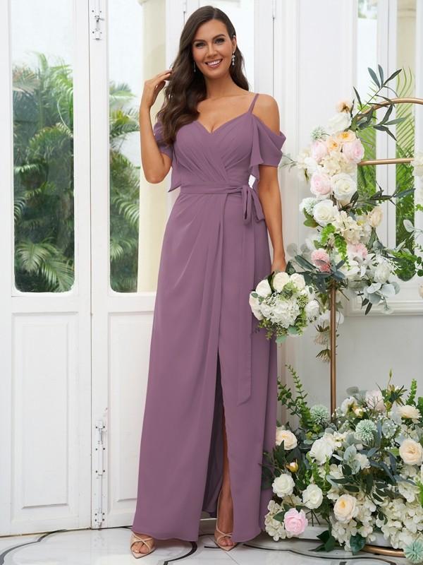 A-Line/Princess Chiffon Ruched V-neck Short Sleeves Floor-Length Bridesmaid Dresses 2171