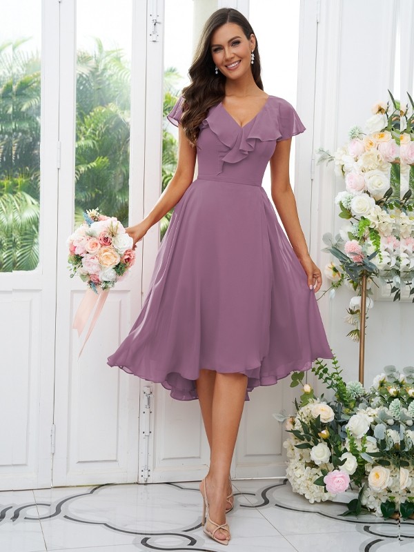 A-Line/Princess Chiffon Ruffles V-neck Short Sleeves Asymmetrical Bridesmaid Dresses 2221