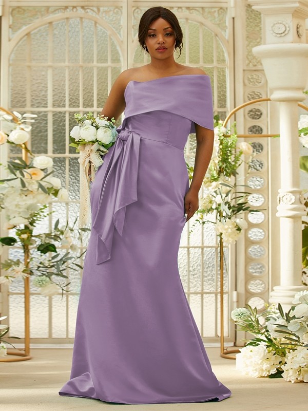 Sheath/Column Satin Ruched One-Shoulder Sleeveless Sweep/Brush Train Bridesmaid Dresses 3022