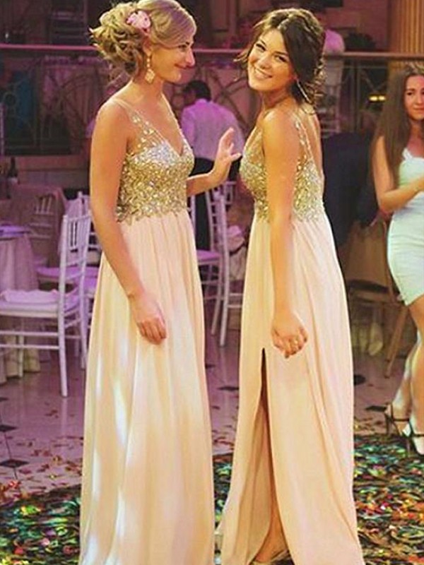 A-Line/Princess V-neck Sleeveless Sweep/Brush Train Sequin Chiffon Bridesmaid Dresses 2837