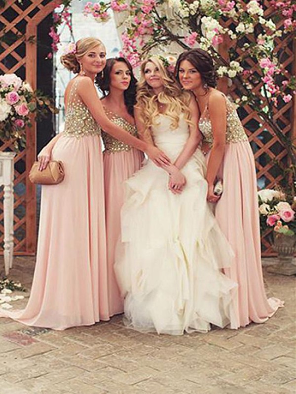 A-Line/Princess V-neck Sleeveless Sweep/Brush Train Sequin Chiffon Bridesmaid Dresses 2837