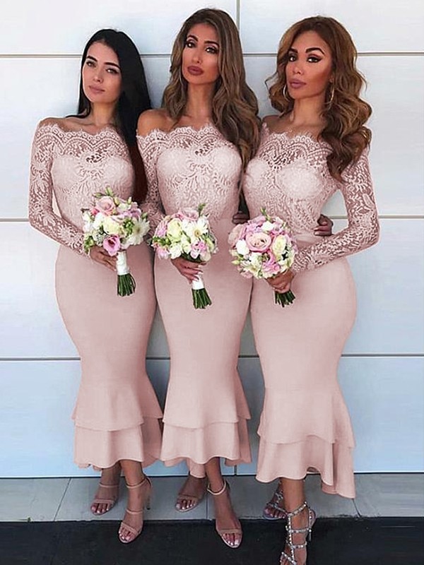 Sheath/Column Off-the-Shoulder Long Sleeves Ankle-Length Lace Stretch Crepe Bridesmaid Dresses 2980