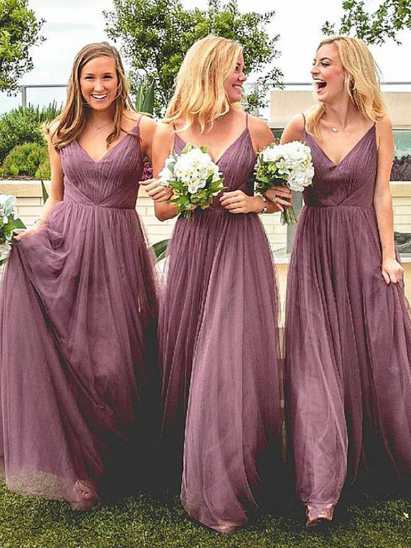 A-Line/Princess Spaghetti Straps Sleeveless Floor-Length Ruffles Tulle Bridesmaid Dresses 2549