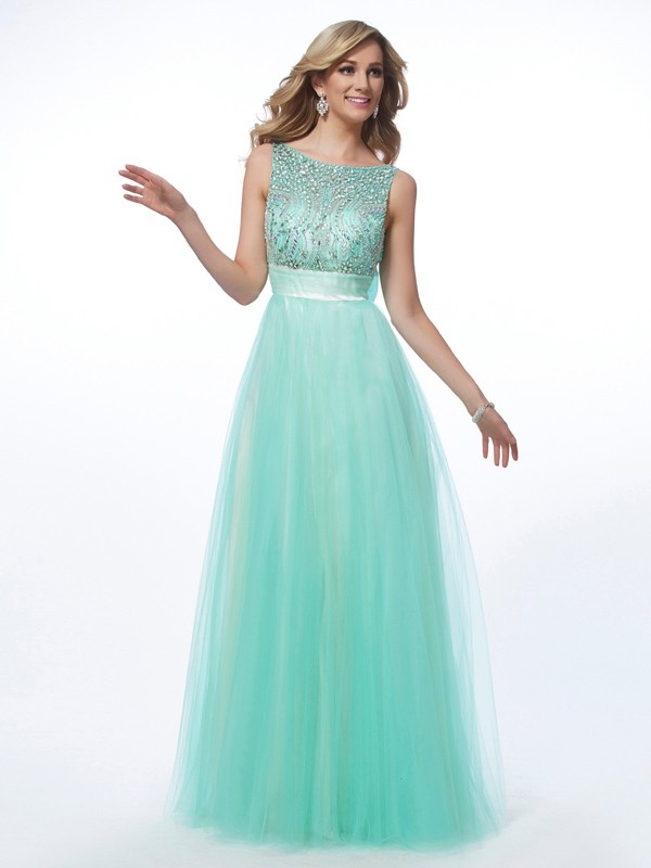 A-Line/Princess Bateau Sleeveless Beading Long Net Dresses 3393