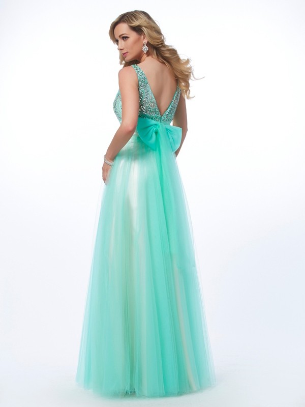 A-Line/Princess Bateau Sleeveless Beading Long Net Dresses 3393