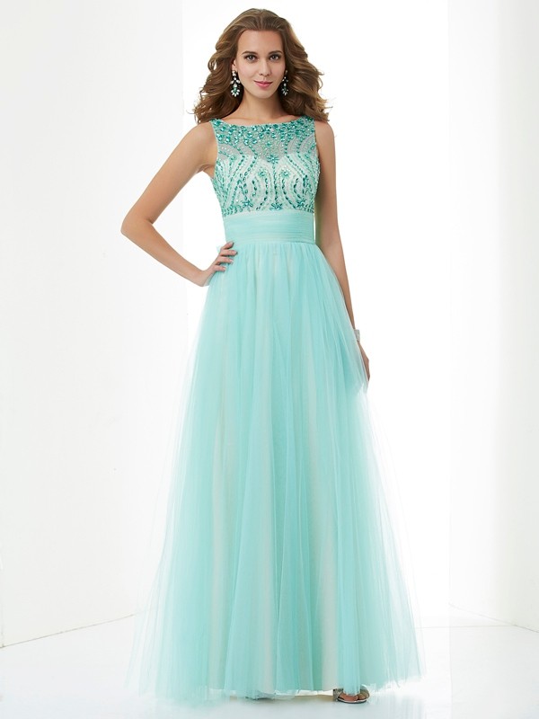 A-Line/Princess Bateau Sleeveless Beading Long Elastic Woven Satin Dresses 3392