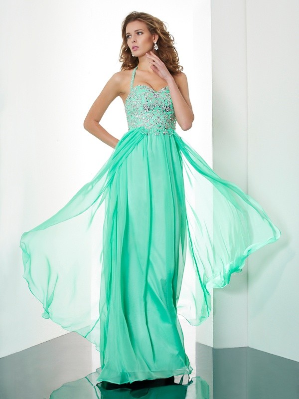 A-Line/Princess Halter Sleeveless Beading Applique Long Chiffon Dresses 3581