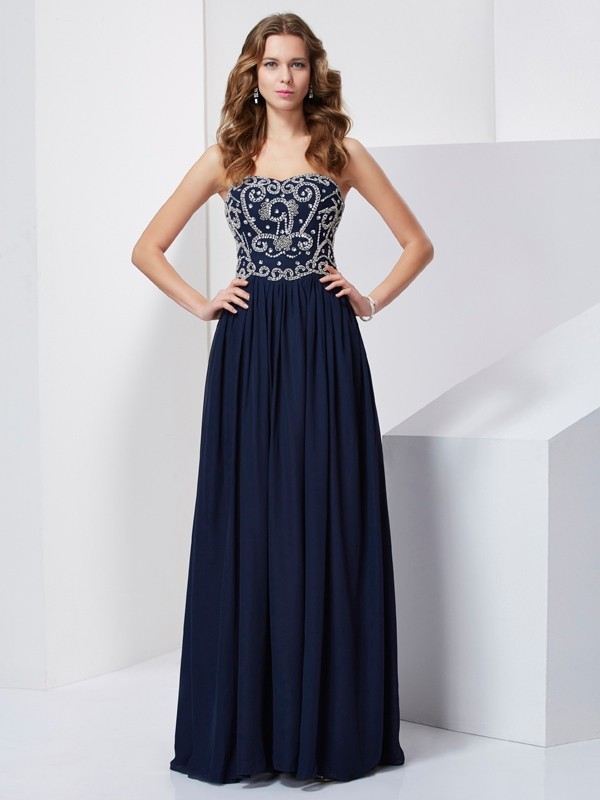 A-Line/Princess Strapless Beading Sleeveless Long Chiffon Dresses 4747