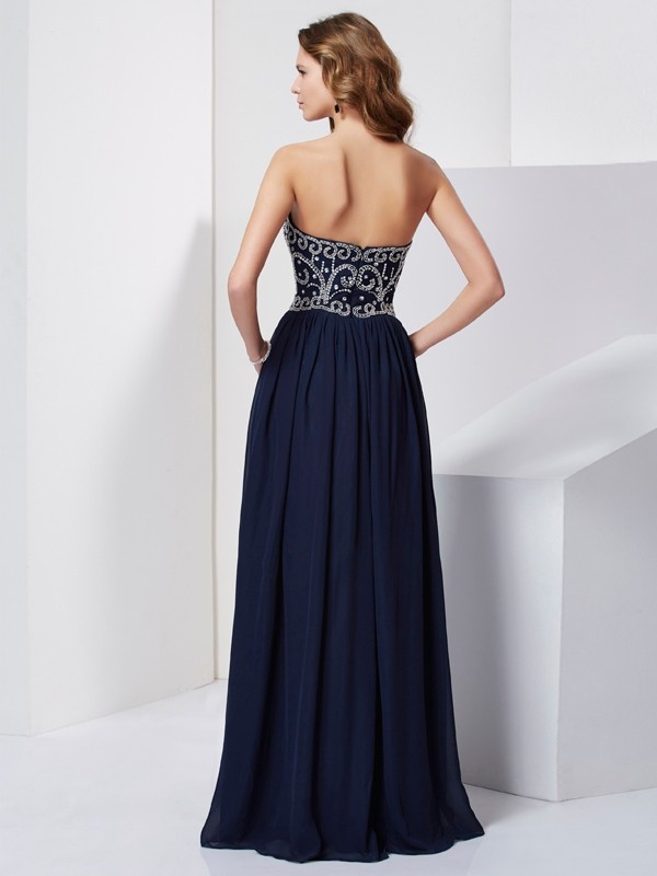 A-Line/Princess Strapless Beading Sleeveless Long Chiffon Dresses 4747