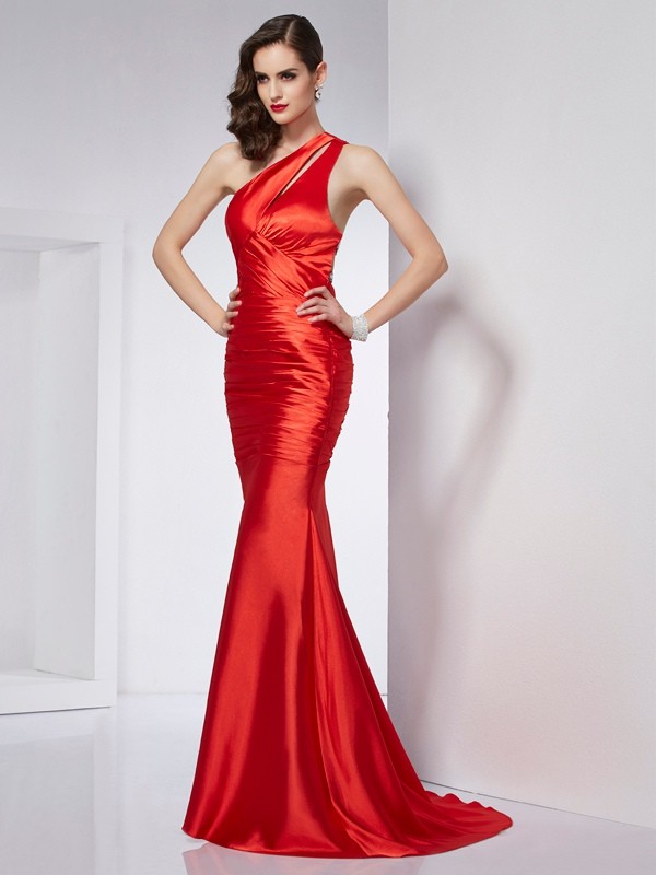 Sheath/Column One-Shoulder Beading Long Elastic Woven Satin Dresses 6152