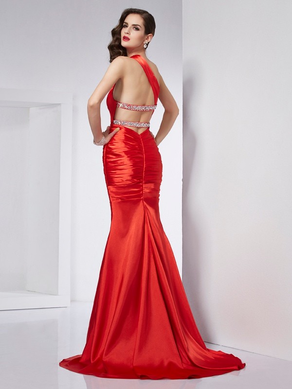 Sheath/Column One-Shoulder Beading Long Elastic Woven Satin Dresses 6152