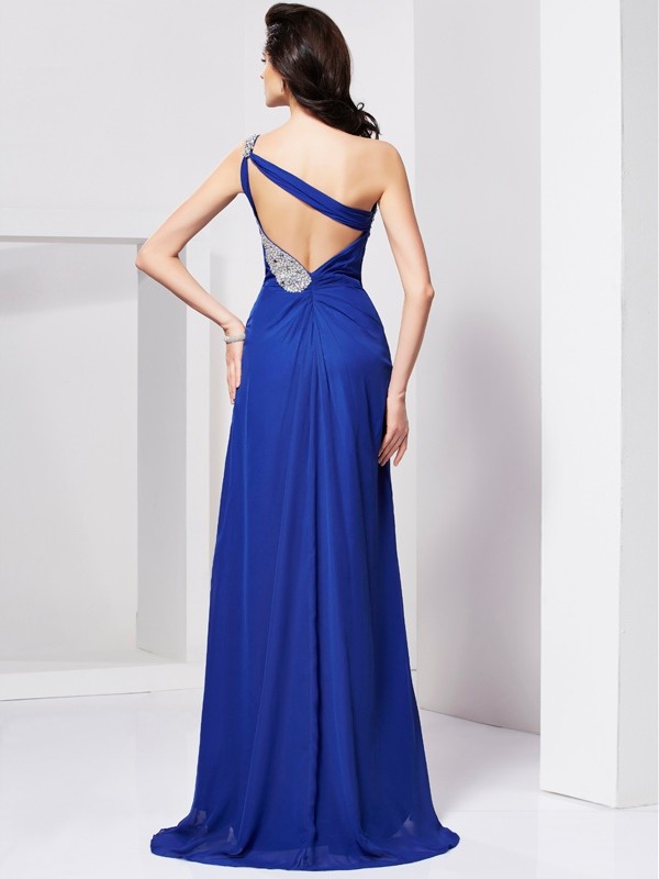 A-Line/Princess One-Shoulder Beading Sleeveless Pleats Long Chiffon Dresses 3857