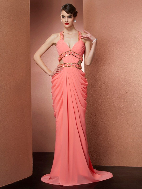 A-Line/Princess Halter Beading Sleeveless Long Chiffon Dresses 3561