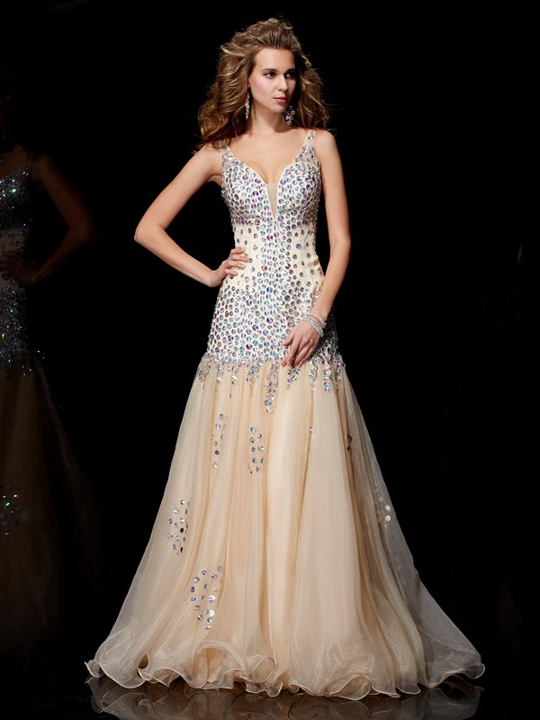 Sheath/Column V-neck Sleeveless Beading Long Organza Dresses 6897