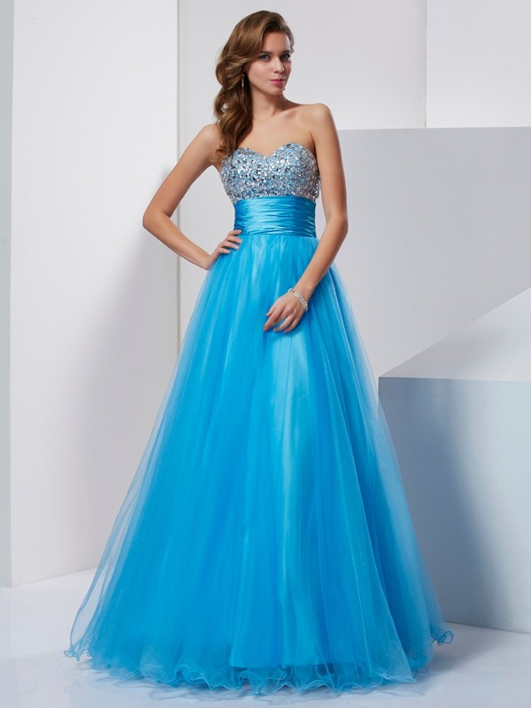 A-Line/Princess Sweetheart Sleeveless Beading Long Tulle Dresses 5065