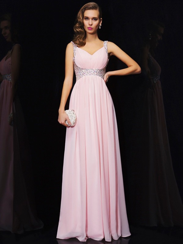 A-Line/Princess Sleeveless V-neck Beading Long Chiffon Dresses 4637