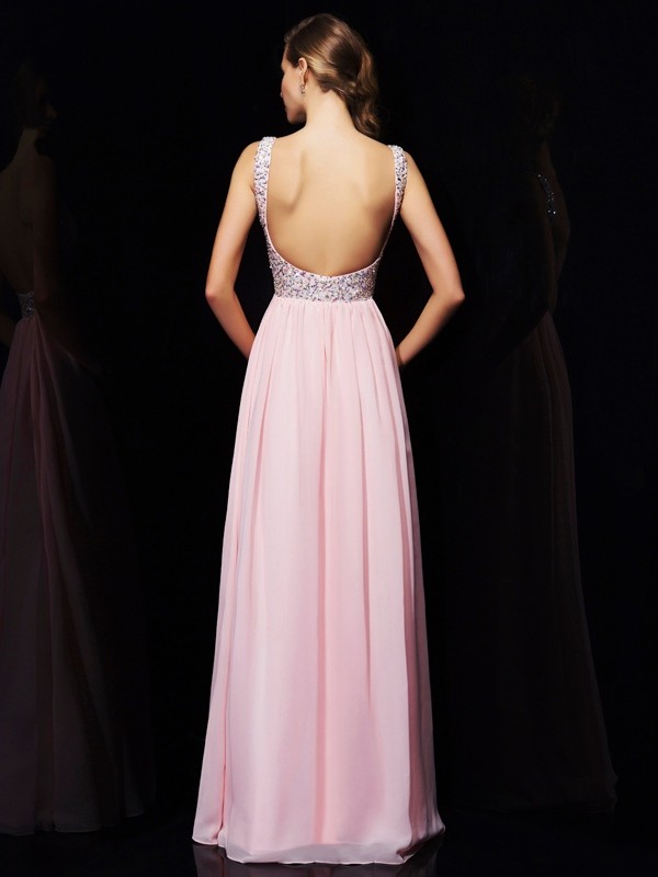 A-Line/Princess Sleeveless V-neck Beading Long Chiffon Dresses 4637