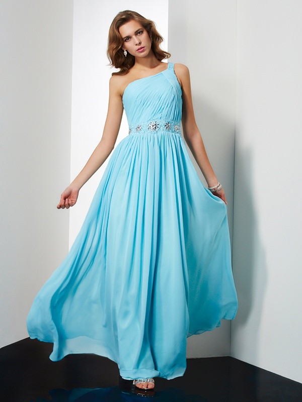 A-Line/Princess One-Shoulder Beading Sleeveless Long Chiffon Dresses 3836