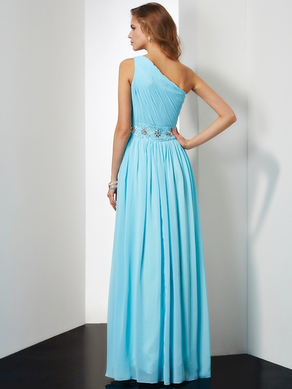 A-Line/Princess One-Shoulder Beading Sleeveless Long Chiffon Dresses 3836