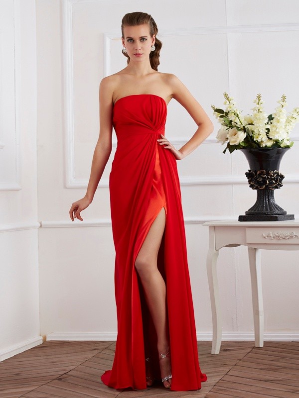 Sheath/Column Strapless Sleeveless Pleats Long Chiffon Dresses 6684