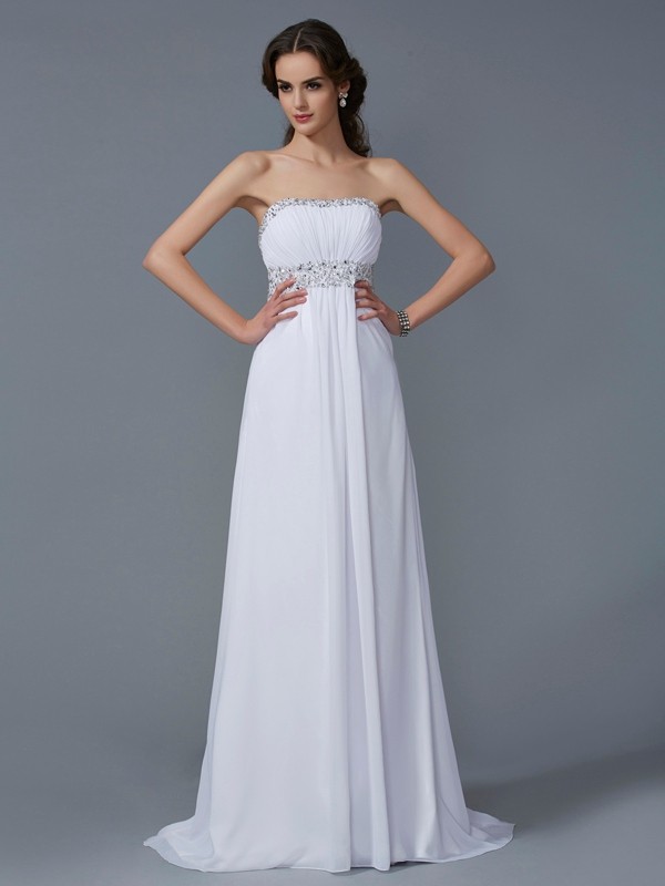 A-Line/Princess Strapless Sleeveless Beading Long Chiffon Dresses 4764