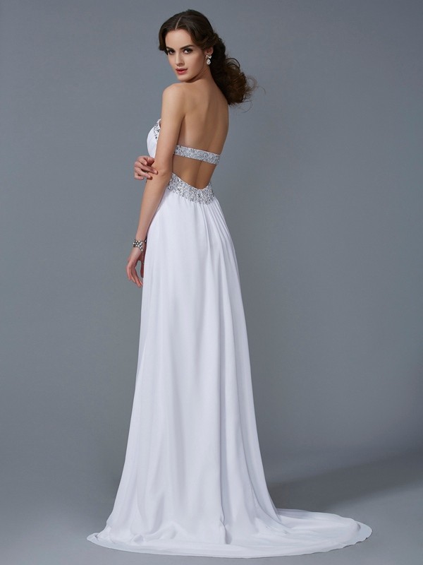 A-Line/Princess Strapless Sleeveless Beading Long Chiffon Dresses 4764