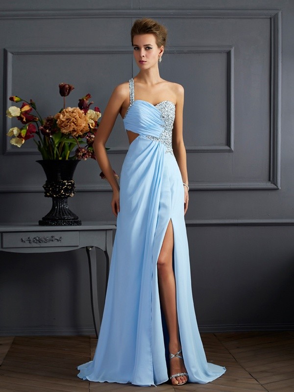 Sheath/Column One-Shoulder Sleeveless Long Beading Chiffon Dresses 6197