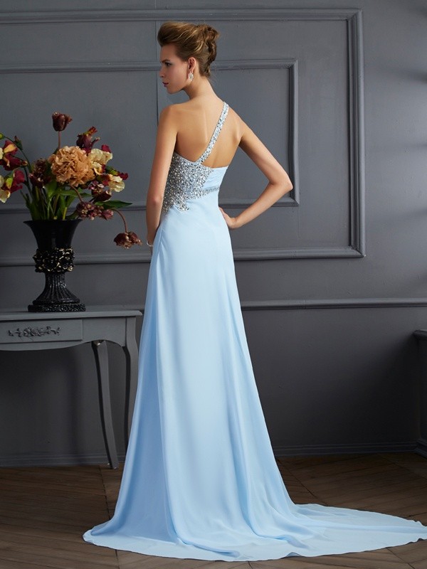 Sheath/Column One-Shoulder Sleeveless Long Beading Chiffon Dresses 6197