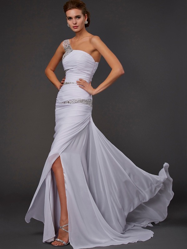 Sheath/Column Sleeveless One-Shoulder Beading Long Chiffon Dresses 6605