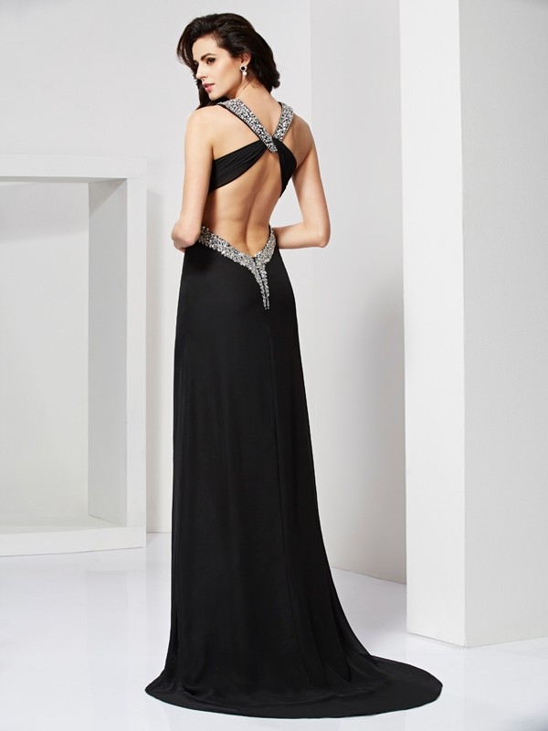 Sheath/Column Straps Sleeveless Beading Long Chiffon Dresses 6700