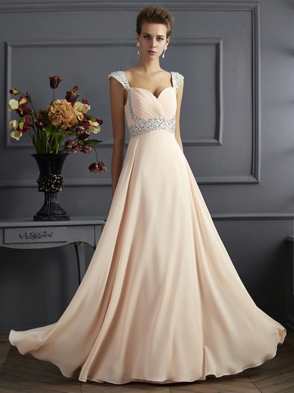 A-Line/Princess Straps Sleeveless Long Beading Chiffon Dresses 4857